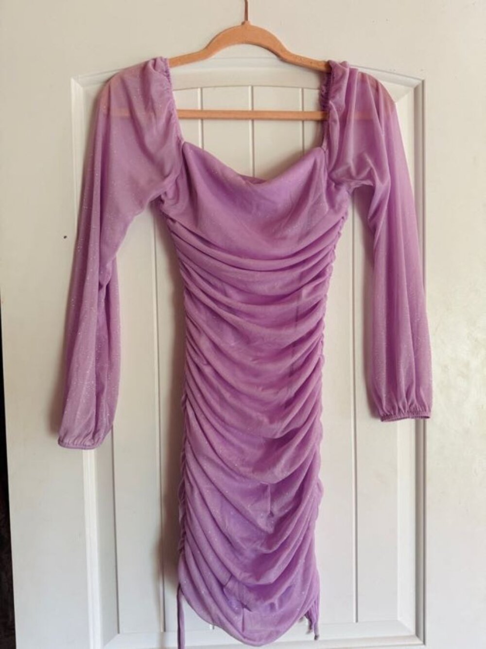 Glitter square neck ruched long sleeve dress